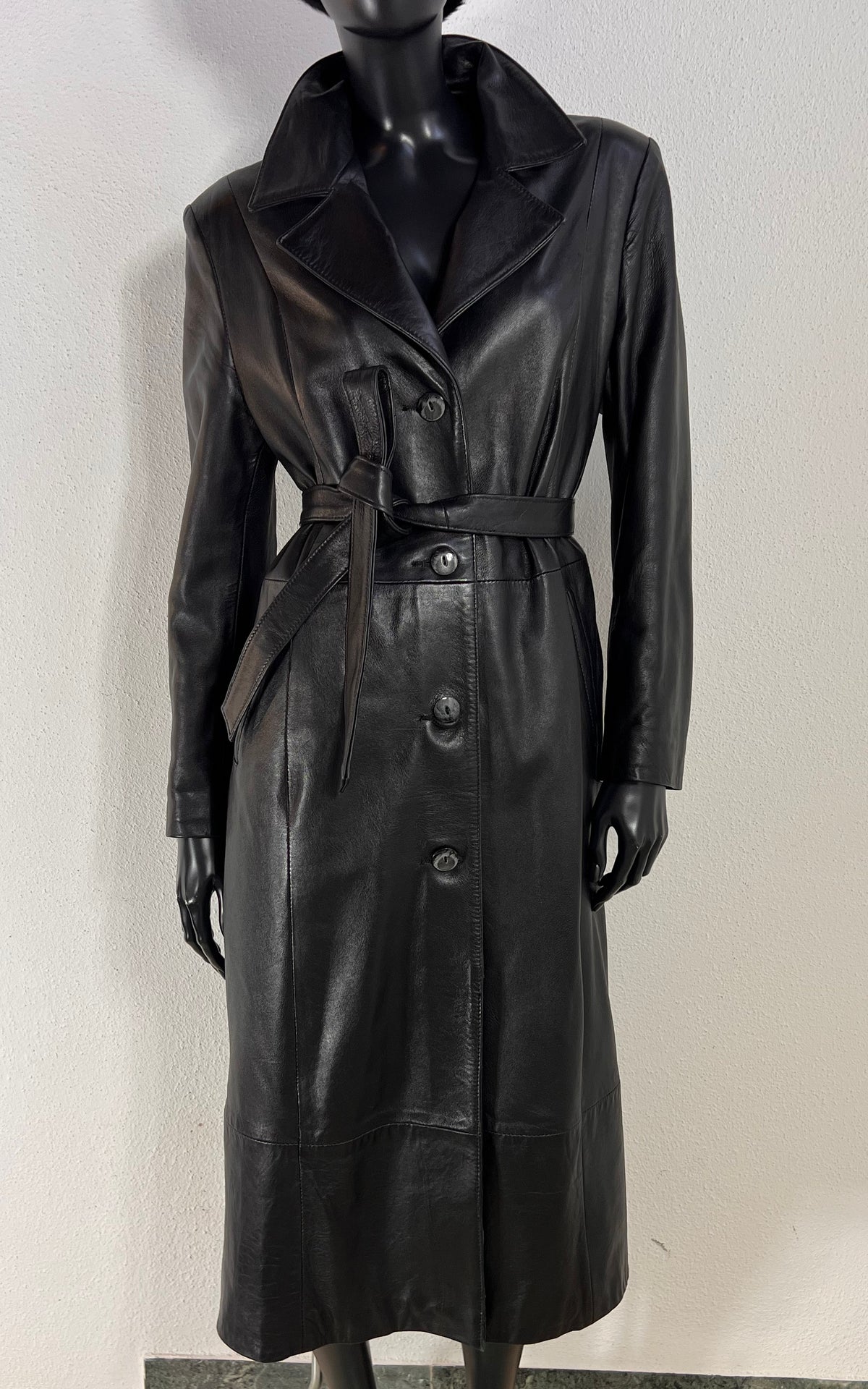 Vintage Black Nappa Leather Belted Coat – Made in Italy