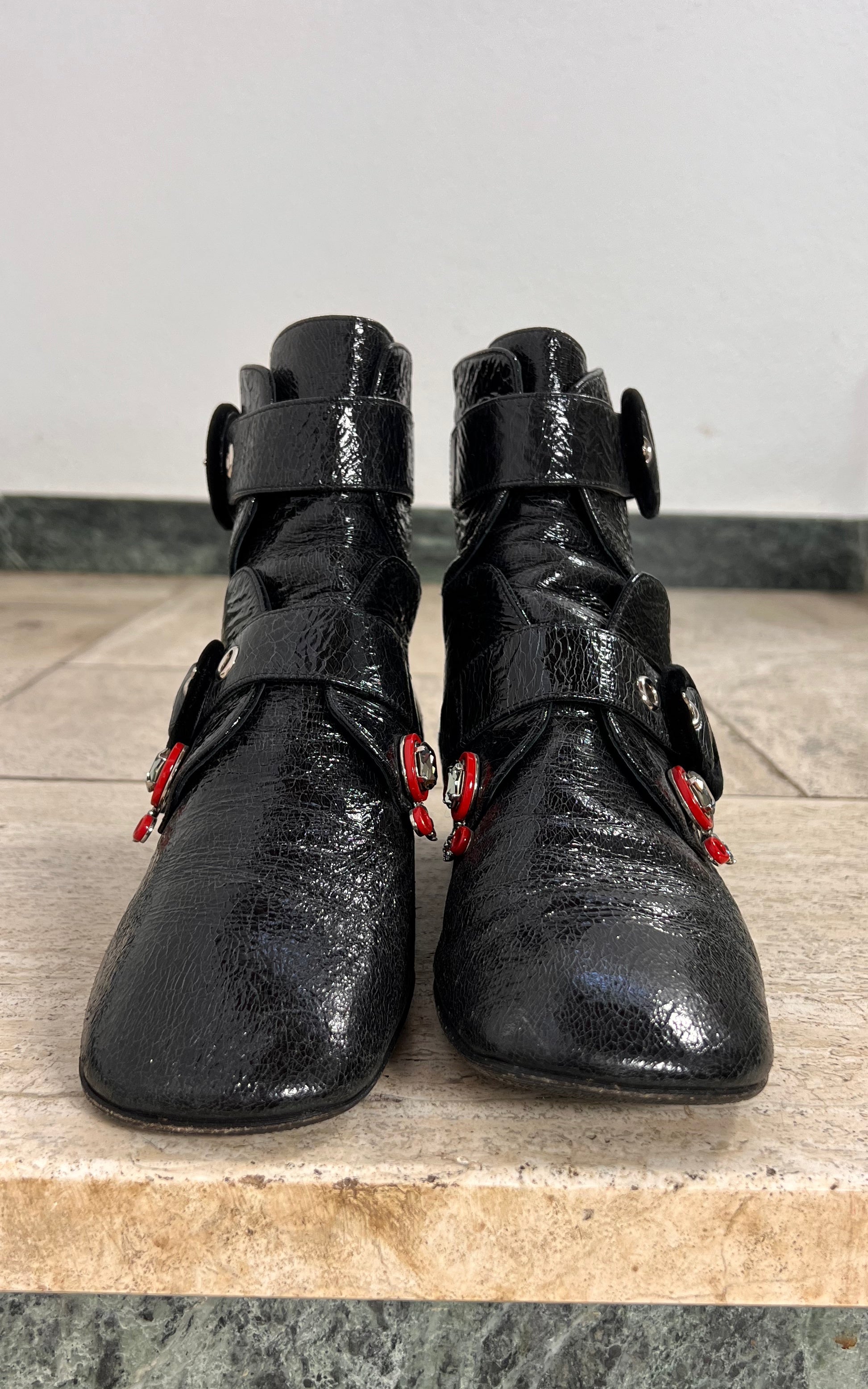 Christian Dior Black Crackle Patent Leather Ankle Boots 39,5 ( 2016 )